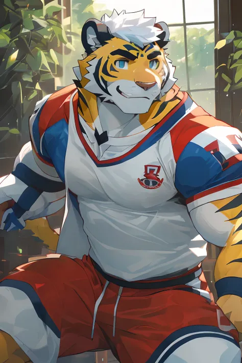 Masterpiece,Best quality,Detailed background,hi，Its nothing,nj5furry,window,Sunlight,The name of a plant is forget-me-not, Solo,solofocus,Male,Male focus,anthro,Tiger or dog,(sport:1.5), (Yellow-fur,,Black eyebrows:1.5),view the viewer, Elaborate Eyes,Deta...