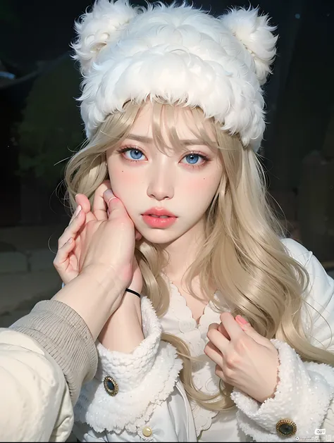 Blond-haired girl with blue eyes and a white furry hat, Ulzzang, muito bonita gatinha fofa, longos cabelos loiros e olhos grandes, Lalisa Manobal, pale porcelain white skin, pale snow white skin, kawaii retrato realista, ultrarrealista doce coelhinho menin...