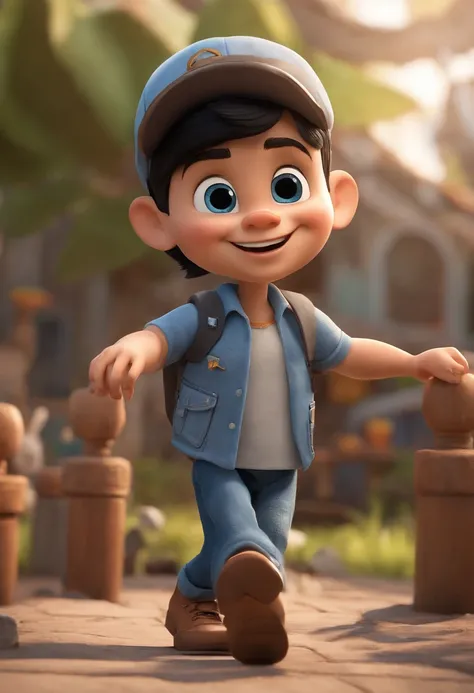 Cartoon character of a smiling child in black shirt and jeans and cap , Nome do caso escrito na tampa, nome case escrito no bone branco e bota preta , dando legal , Blue Eyes Black Hair Animation Character, Caractere estilizado, animation style rendering, ...