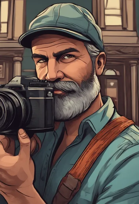 Cartoon character of a 45-year-old man with a beard with a camera in his hand