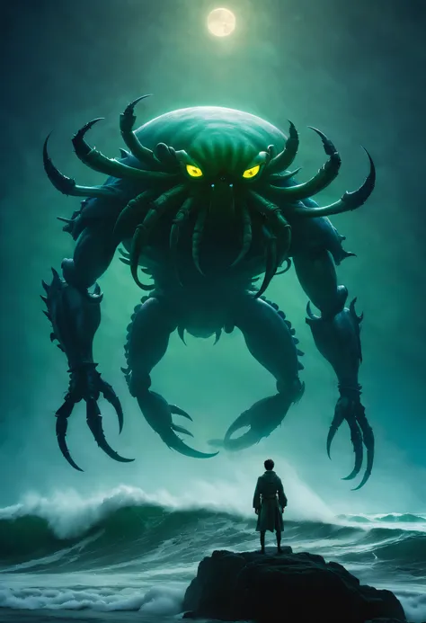 （a giant crab stands in the fog and stares fiercely at a man begging for help），（a creature 5 meters tall:1.0），（huge green eyes a...