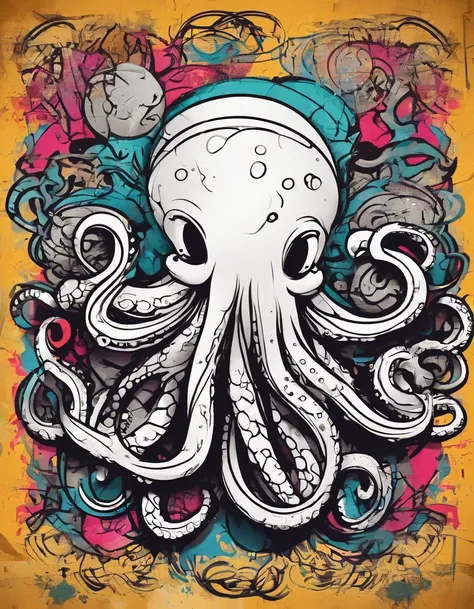 Prompt: graffiti,Sticker design, octopus shape, 2D, vintage, line art, white border
 full picture, high resolution high contrast