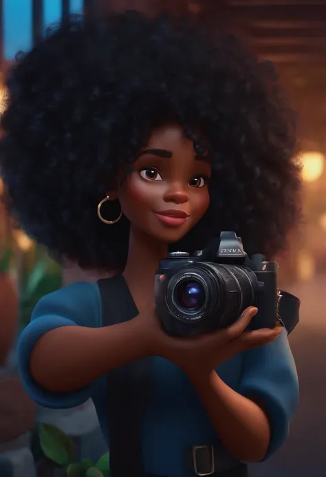 personagem da disney pixar, Wavy haired black girl in black clothes holding a camera