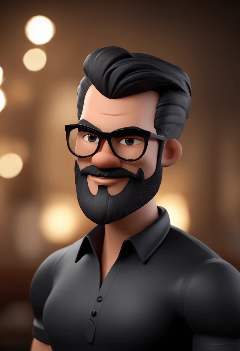 Cartoon character of a man with black glasses and a black polo shirt, cabelo liso, With beard and old school tattoo on his arm, animation character, Caractere estilizado, animation style rendering, 3D estilizado, Arnold Maya render, 3 d render stylized, to...