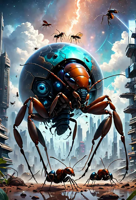 (Best quality, 4K, 8K, A high resolution, Masterpiece:1.2), Ultra-detailed, (Realistic, Photorealistic, photo-realistic:1.37)，Giant ants break through the clouds，Meticulous giant ants，As big as a planet，ultra-realistic realism，Epic dreams，Beautiful sci-fi ...