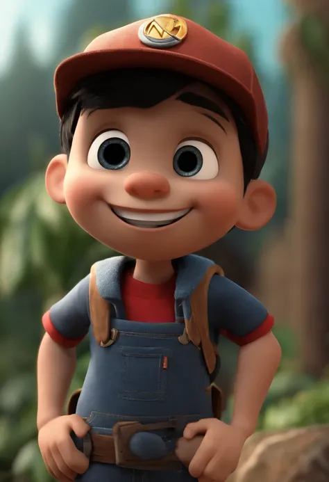 Cartoon character of a smiling child in black shirt and jeans and cap , Nome do caso escrito na tampa, nome case escrito no bone branco e bota preta , dando legal , Blue Eyes Black Hair Animation Character, Caractere estilizado, animation style rendering, ...