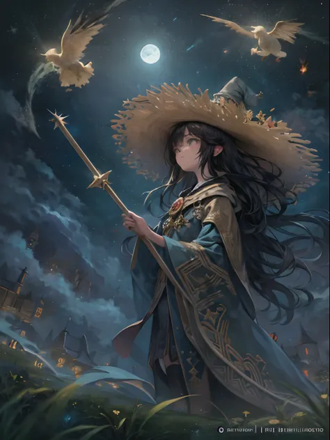 obra maestra, mejor calidad, ultra detallada, illustration,grupo de podersos magos y brujas,grupo en primer plano, fantasy, vuelo, escoba,aura,poderes, cielo nocturno, aire libre, magia, hechizos, luna, estrellas, nubes, viento, cabello, capa, sombrero, bo...