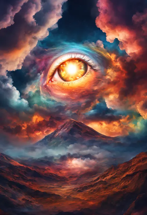 (solo) incredibly spectacular clouds，a huge eye，portrait of a mystical giant eye, the eye of the universe, the eye of god, mysti...