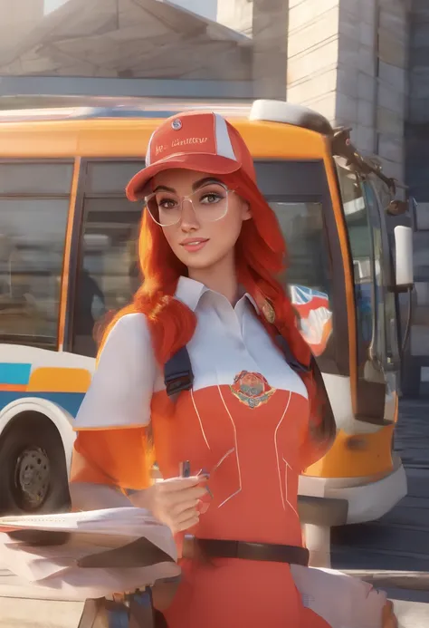 1girl, sozinho, red hair, olhos vermelhos, Caudas duplas, uniforme do empregado, pencil skirt, skull impression, Navy cap, Orange skye,, ao ar livre, train station, standing in front of the bus,,