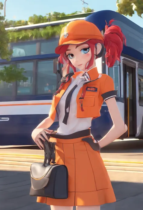 1girl, sozinho, red hair, olhos vermelhos, Caudas duplas, uniforme do empregado, pencil skirt, skull impression, Navy cap, Orange skye,, ao ar livre, train station, standing in front of the bus,,