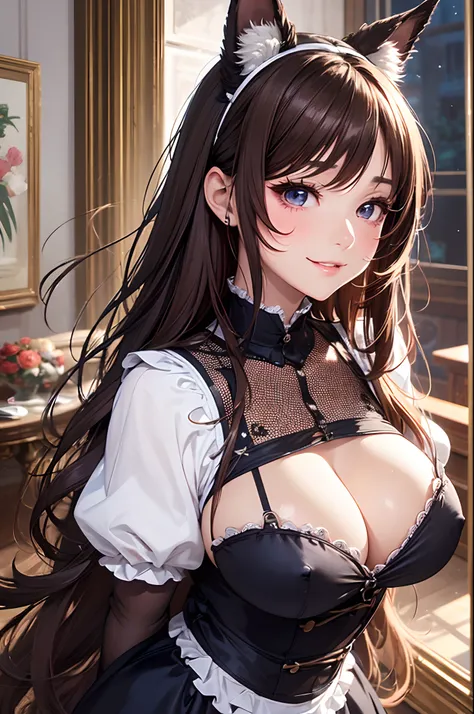 16K Ultra High Definition
Super Detailed
masterpiece
Glossy and detailed hair
Beautiful human woman with long brown hair、Blue Mesh、Very long lashes、lofty nose、
ultra gigantic tits、Amazing beautiful breasts、Maid Outfit
Dog Ears
Glossy skin
Red cheeks
Moist ...