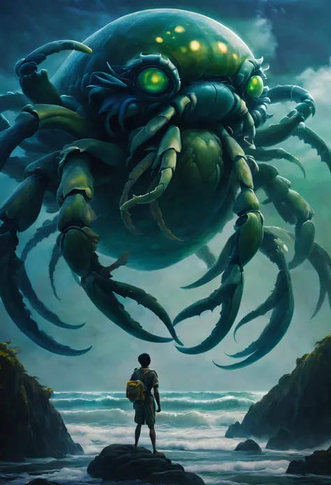 （A giant crab stands in the fog，Staring fiercely at a man begging for help），（a creature 5 meters tall:1.0），（Huge green eyes are unusually bright：1.37）（The thick legs of two giants stand on the reef） ，（The shell of the giant crab is dark green），（goldtrim）, ...