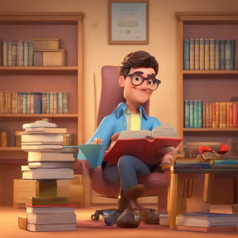 Crie um cartaz inspirado na Disney Pixar com o personagem sendo um advogado, A young man wearing glasses, moreno, magro, cabelos muito curto, In an office with law books on the desk and papers