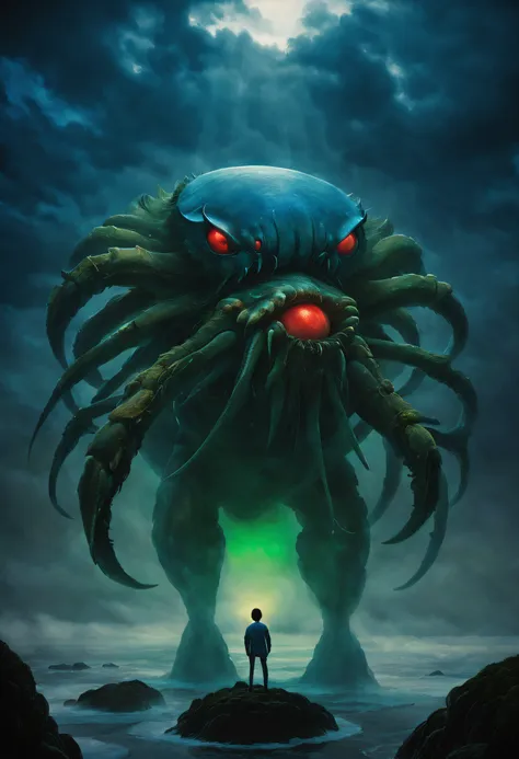 （a giant crab stands in the fog and stares fiercely at a man begging for help），（a creature 5 meters tall:1.0），（the huge ruby eye...