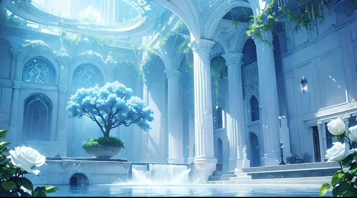 Blue and white tones,Ultra-translucent,Super transparent,Crystal Book House,Great waterways,pools of water,flowingwater,waterfallr,libraryai,Covered with fantastic white rose vines,Lots of detail,hyper qualit,shock,Magnificent,Momentum