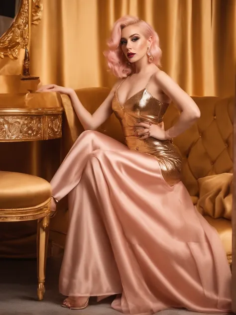 blond woman with pink hair sitting on a couch in a gold dress, alexa grace, blonde goddess, amouranth, ava max, better known as amouranth, 4 k glamour photography, sexy dress, 2 4 year old female model, sexy girl with long blonde hair, angelawhite, sexy lo...