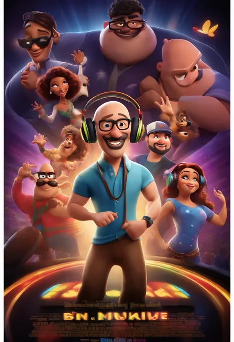 a Disney Pixar movie poster showing bald dj with goatee and headphones, de fundo uma discoteca, with Disney Pixar Characters Dancing 3D Rendering