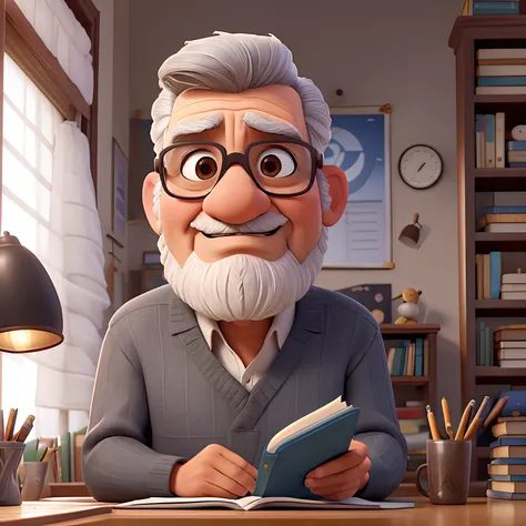 velho, inspirado na Disney Pixar, Inspirado pelo pastor ( Rubens Janeiro ) A gray-haired man wearing glasses in an office with a book on the table looking to the serious future, old man, cabelos grisalhos, um terno