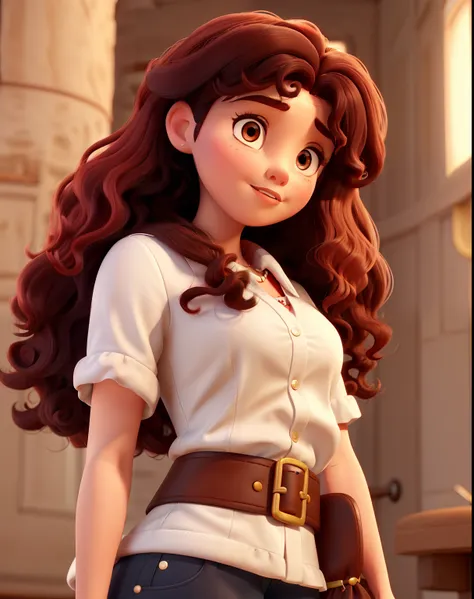 I want a Disney Pix style image of a white woman with a round face, black hair with red tips, her hair is medium voluminous, her hair is curly. She has her hand on her waist and her lips are small and full