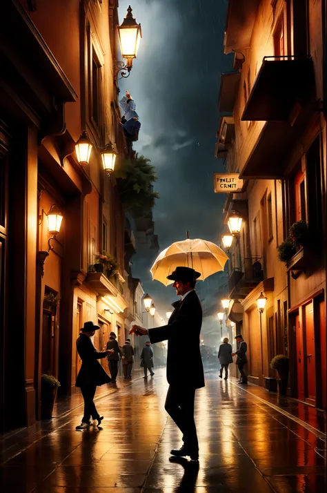 Gene kelly dancing on the street under the rain, old city street, farolas, rainy night, classic movie scene, classic movie poster.