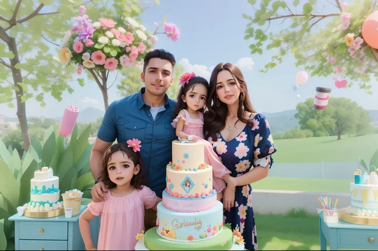 There are two adults and two children in front of a cake, Detalhes adicionais, Directed by: Glòria Muñoz, Perfect Android girl family, birthday party, pano de fundo, Happy family, Directed by: Márta Lacza, background is celestial, imagem de perfil, 1614572...