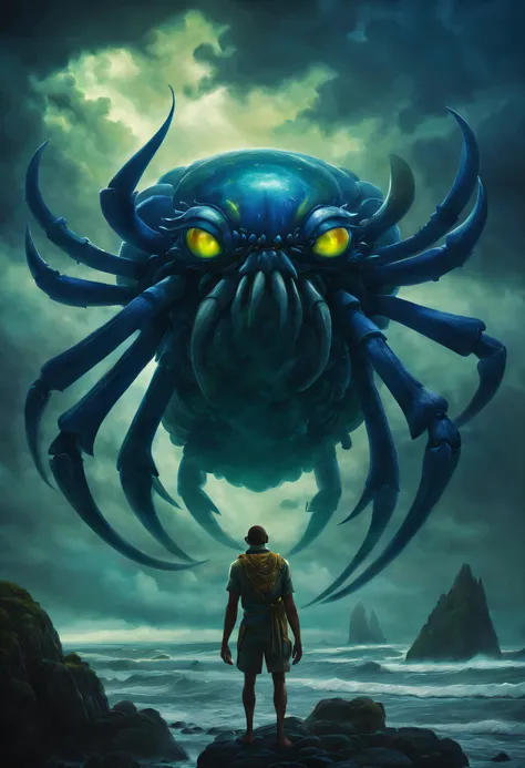 （A giant crab stands in the fog and stares fiercely at a man begging for help），（a creature 5 meters tall:1.0），（The huge golden eyes were unusually bright：1.37）（The thick legs of two giants stand on the reef） ，（The shell of a giant crab is dark green and ha...