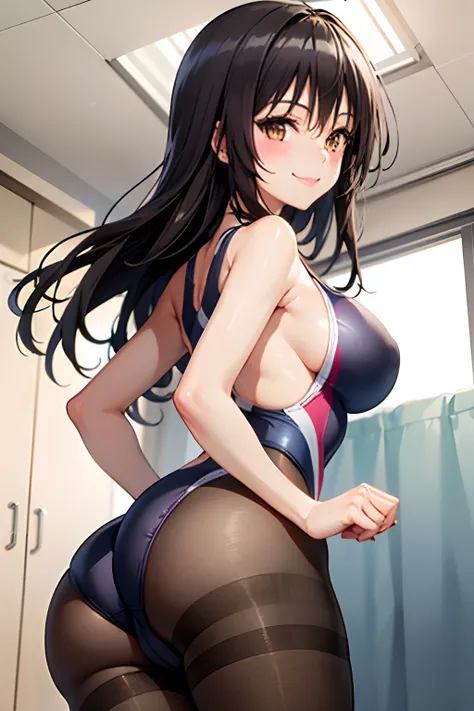 Best Quality, masutepiece, Portrait, , 1girl in, Kotegawa Yui, Black hair, Long hair, Long bangs, Brown eyes, Large breasts,  crass room, Looking at Viewer, Smile,Photo from below、((Competitive swimsuit))、((pantyhose))