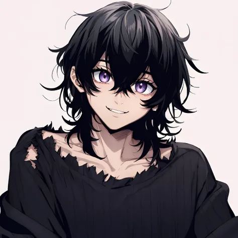 a young androgynous male with long messy black hair, cute soft bangs, shoulderless black ripped sweater, dark purple eyes, smiling, anime cartoon