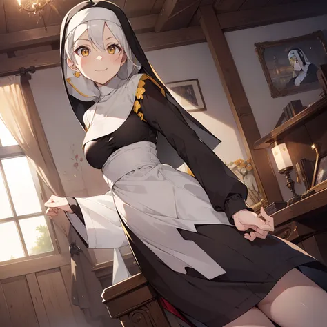 (masutepiece,Best Quality,8K),(extremely detailed CG1.1),1 girl,A smile,large boob,livingroom,(From below:1.2),Summer light,Intricate details , Hyper realistic, Perfect Anatomy,white  hair,Yellow eyes,Twin-tailed,hair slicked back,(((nun))),kindly smile