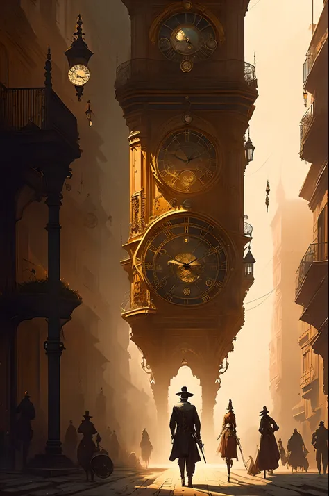 there is a man walking down a street with a clock on it, inspired by Carl Spitzweg, style of marc simonetti, golden steampunk city atmosphere, steampunk concept art, marc simonetti. intricate, stylized urban fantasy artwork, steampunk fiction, steampunk ae...