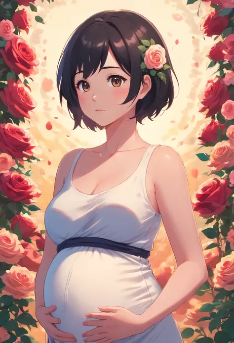 Pregnant woman, short black hair, roses, big belly and big eyes.