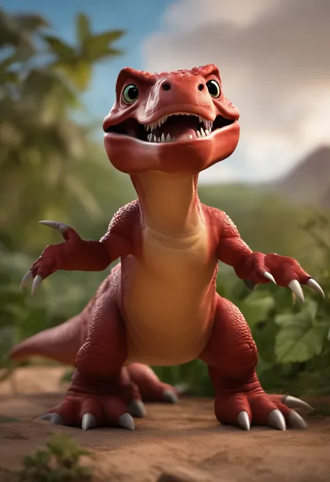 Cartoon baby T-Rex，red colored skin，big headed，Short forelimbs