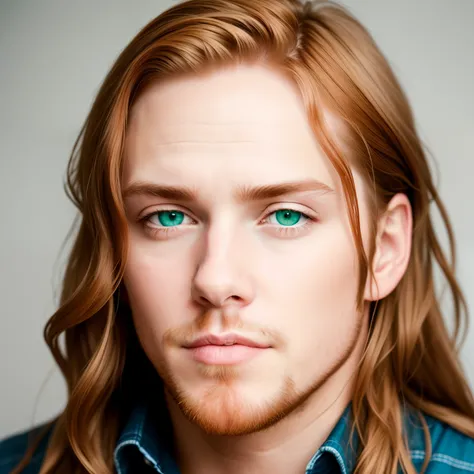 A white man with long ginger hair and blue and green eyes