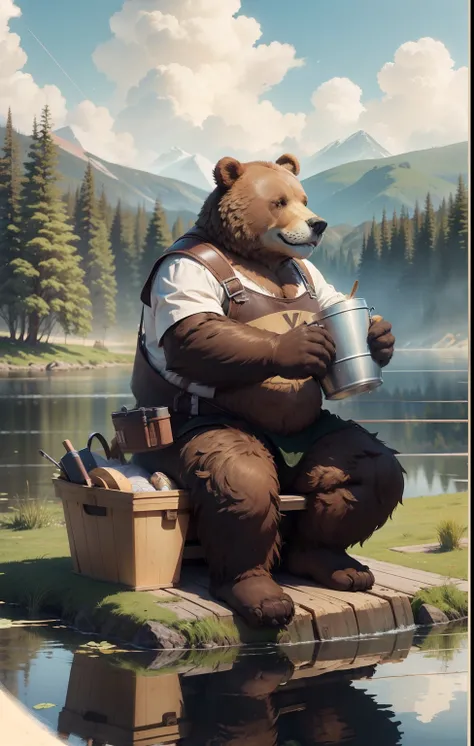 (On parchment paper, Sheet Characteristics), A full body shot, with the image of a large cartoon brown bear, Dressed in fishing boots, Perch caught in paws, Next to it is a box with fishing gear, On a summer day in a meadow a bucket of fish,, Character she...