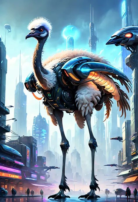 Giant translucent, Ethereal, Mechanical ostrich，Huge futuristic ostrich，Two-legged ostrich，futuristic urban background，Beautiful sci-fi art, Science-fi digital art illustration, Digital cyberpunk art, science fiction digital painting, futuristic digital pa...