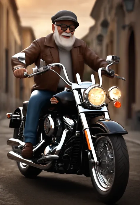 (best quality,3D rendering:1.2),Elderly man with glasses riding a Harley Davidson 883,Disney Pixar Style Poster, motocicleta, 3 d illustration, cores vibrantes, aventura, viagem, dynamic pose, arousal, Youthful spirit, velocidade, vento soprando, Detailed ...