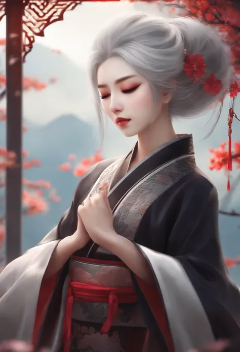 Anime style、Girl in Chinese clothes with silver hair long black mesh has her eyes closed