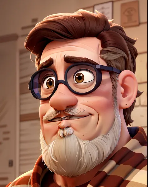 homem branco 44 anos barba curta grisalha, cabelos grisalhos, Sobrancelhas Grossas, wearing goggles, Pixar Style Poster