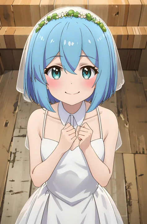 falfa, one girl with short hair, blue hair, looking at viewer, embarrassed, blushing, smile, indoor, wedding dress, bridal veil