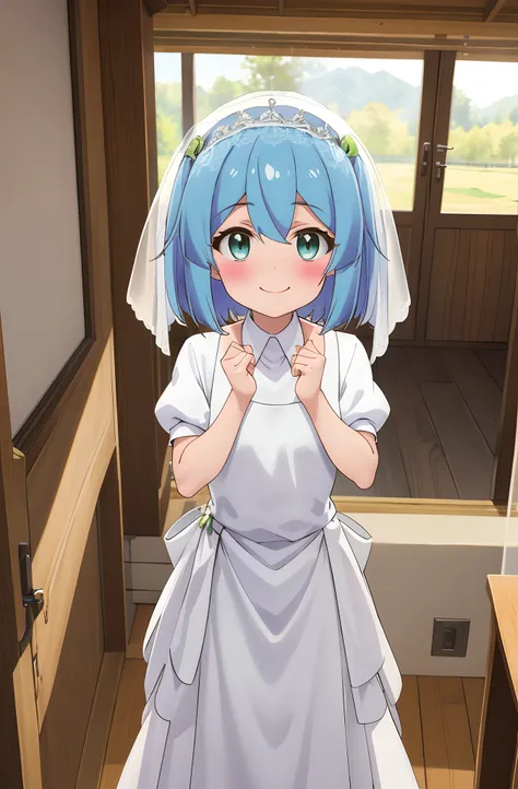 falfa, one girl with short hair, blue hair, looking at viewer, embarrassed, blushing, smile, indoor, wedding dress, bridal veil