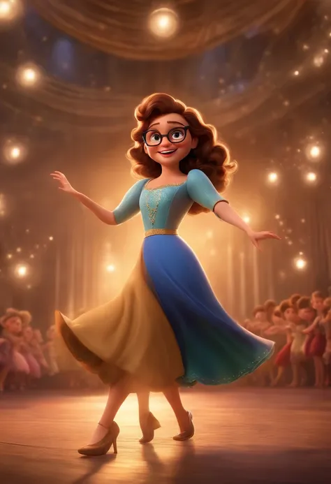 "(best quality,ultra-detalhado,Realistic:1.37),3D rendering,illustration,design de personagens,cabelos curtos e cacheados escuros,belos olhos detalhados,wearing white glasses,Estilo Pixar,morena mulher,Dancing on the Disney stage,atmosfera animada,vivid co...