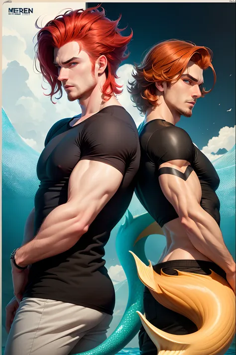 3d merman character poster White man and red hair and blue eyes and black t-shirt and blue trio tail and black bard