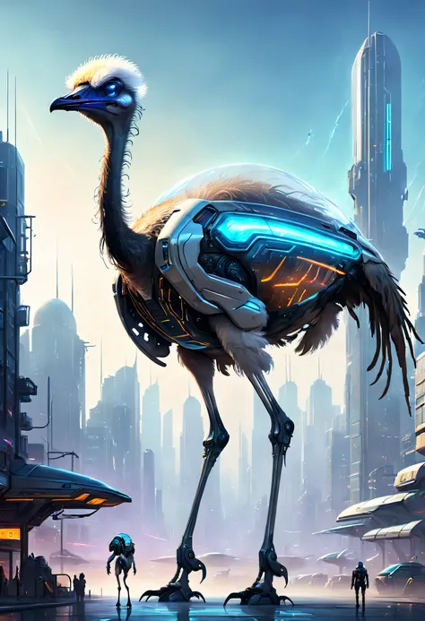 Giant translucent, Ethereal, Mechanical ostrich，Huge futuristic ostrich，Two-legged ostrich，futuristic urban background，Beautiful sci-fi art, Science-fi digital art illustration, Digital cyberpunk art, science fiction digital painting, futuristic digital pa...