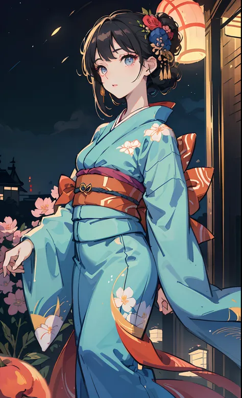 ​masterpiece、top-quality、Beautiful woman like light、Kimono in dark blue and flowers、A dark-haired、Peach-colored eyes、The background is a night town、Fluffy hair、2D Beautiful Girl