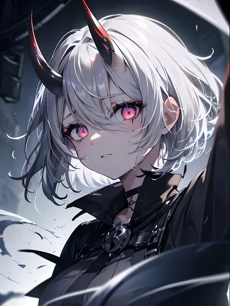 (masterpiece,best quality,ultra-detailed),1girl,grey hair,short hair,messy hair, glowing eyes,oni horns,hair over eye,eye covere...