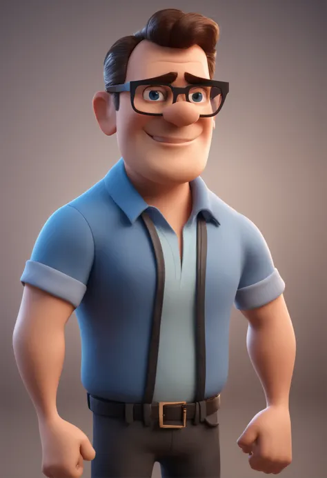 Cartoon character of a man with black glasses and a blue shirt, animation character, Caractere estilizado, animation style rendering, 3D estilizado, Arnold Maya render, 3 d render stylized, toon render keyshot, Personagem 3D, Personagem 3D, 3d rendering st...