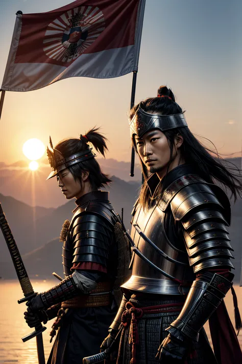 A group of samurai warriors, clad in traditional armor and wielding katana swords, standing in front of a rising sun flag, ready to defend their country as part of the Japanese military.