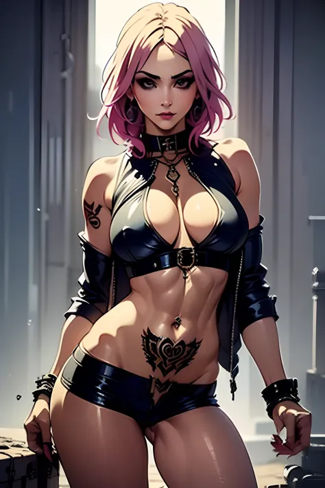 (best quality,ultra-detailed,realistic:1.37),punk girl,intense gaze,dark makeup,edgy hairstyle,beautiful detailed eyes,beautiful detailed lips,confident expression,black leather jacket,crop top,exposed midriff, naked from wasted down, nonymous face(blurred...