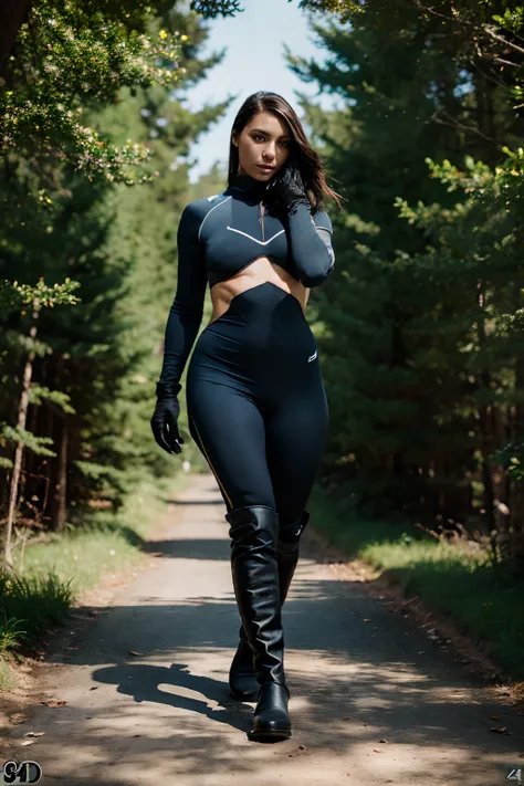 photorealistic , realism , 8k , 1.4 Official art，ultra - detailed , best quality, green cold calculating look eyes , not smiling , dark short unattached sleek hair ,(giantess woman in middle of forest:1) ,well-proportioned body , athletic and toned , agile...