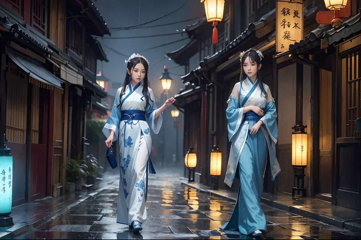 Portrait of  beautiful girl in blue and white hanfu, walking along a street in an old Chinese town, in a rainy night. Quiet atmosphere, illuminated by ancient lamps and lightning,  visible rain, water reflections, highly detailed.